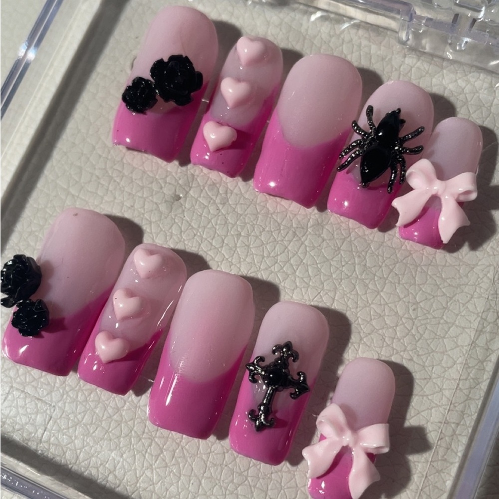 Pink Ombre Nail Set with Black and Pink Accents